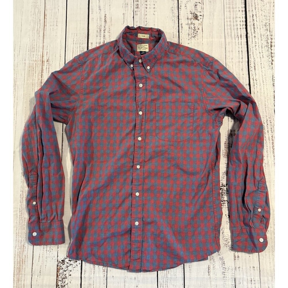 J Crew Shirt Mens Medium Red Blue Plaid Secret Wash Organic Cotton Button Down